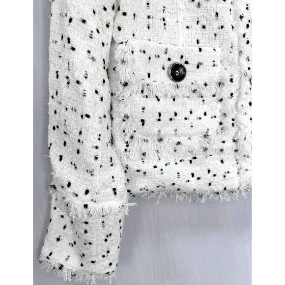 Dolce Cabo Double-Breasted Tweed Fringe Blazer White Black Size Large - Picture 3 of 8